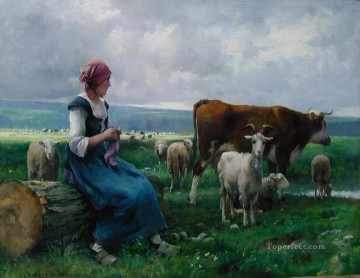 Julien Dupré Painting - Dhepardes con cabra, oveja y vaca, vida de granja Realismo Julien Dupre